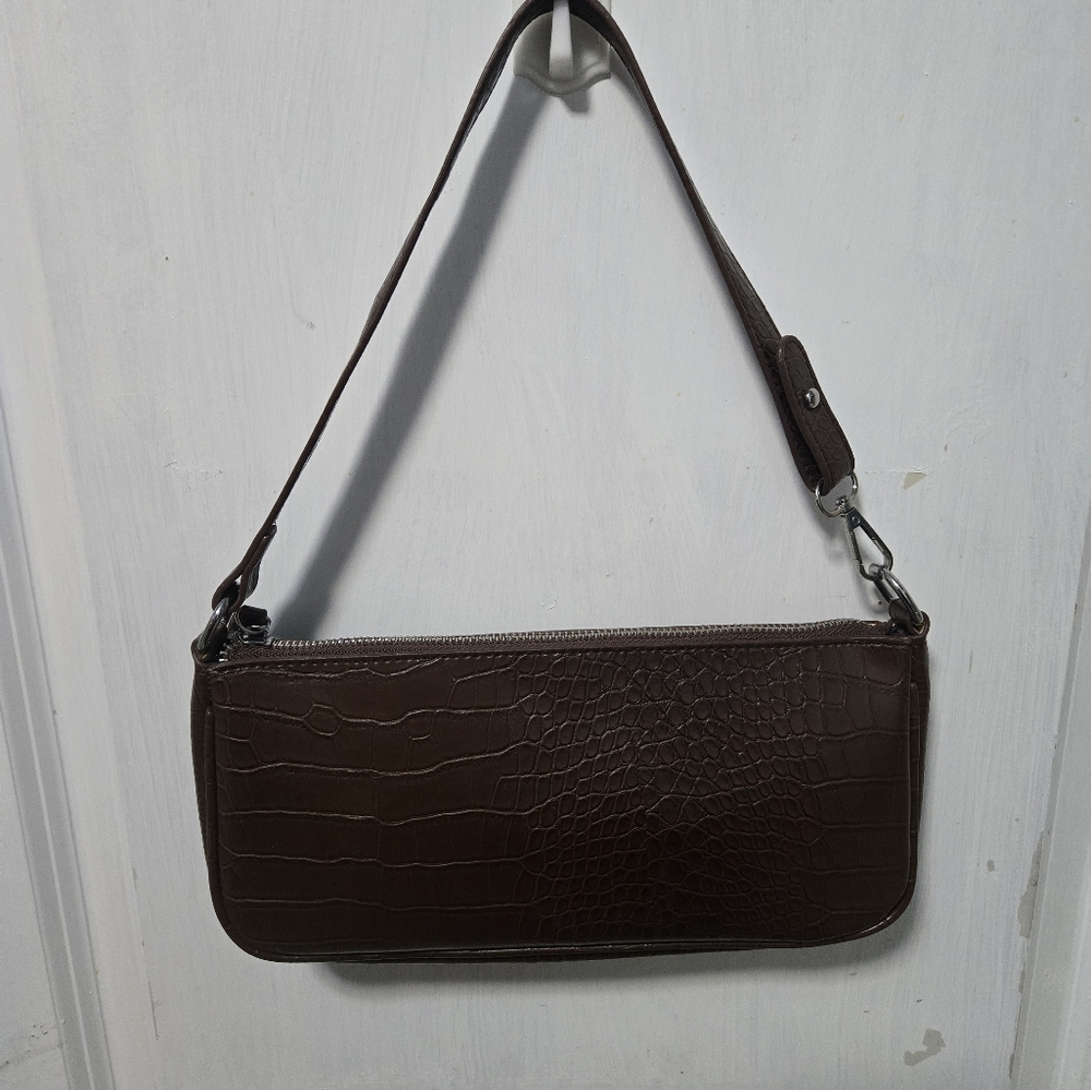 Brown Crocodile Embossed Shoulder Bag